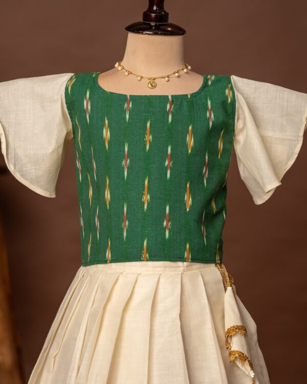 Green Ikkat Cotton Butterfly sleeves Top and Ikkat weaving Kasavu Cotton Skirt - Minmini Onam Collections (Pre booking)