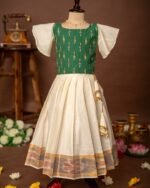 Green Ikkat Cotton Butterfly sleeves Top and Ikkat weaving Kasavu Cotton Skirt - Minmini Onam Collections (Pre booking)