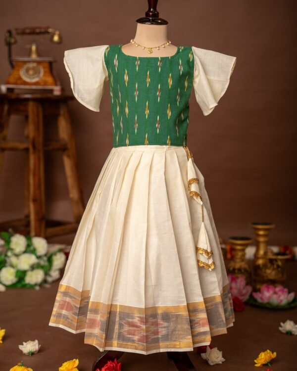 Green Ikkat Cotton Butterfly sleeves Top and Ikkat weaving Kasavu Cotton Skirt - Minmini Onam Collections (Pre booking)