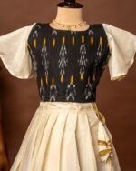 Black Ikkat Cotton Butterfly sleeves Top and Ikkat weaving Kasavu Cotton Skirt - Minmini Onam Collections (Pre booking)