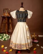 Black Ikkat Cotton Butterfly sleeves Top and Ikkat weaving Kasavu Cotton Skirt - Minmini Onam Collections (Pre booking)