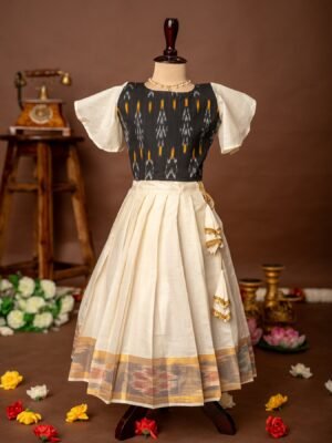 Black Ikkat Cotton Butterfly sleeves Top and Ikkat weaving Kasavu Cotton Skirt - Minmini Onam Collections (Pre booking)
