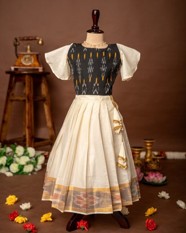 Black Ikkat Cotton Butterfly sleeves Top and Ikkat weaving Kasavu Cotton Skirt - Minmini Onam Collections (Pre booking)