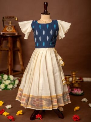 Dark Blue Ikkat Cotton Butterfly sleeves Top and Ikkat weaving Kasavu Cotton Skirt - Minmini Onam Collections (Pre booking)