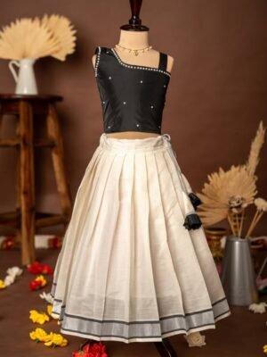 Black Silk Strap Sleeve Top and Black Border Kasavu Cotton Skirt - Minmini Onam Collections (Pre booking)