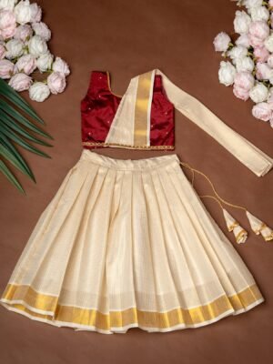 Duppatta Style Maroon Silk Top and Small Checked Kasavu Skirt - Minmini Onam Collections (Pre booking)