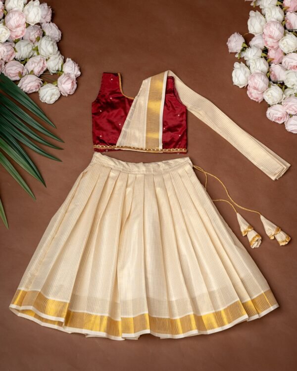 Duppatta Style Maroon Silk Top and Small Checked Kasavu Skirt - Minmini Onam Collections (Pre booking)