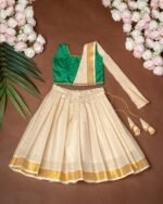 Duppatta Style Green Silk Top and Small Checked Kasavu Skirt - Minmini Onam Collections (Pre booking)