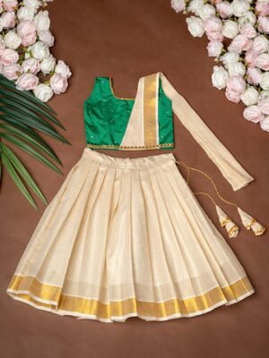 Duppatta Style Green Silk Top and Small Checked Kasavu Skirt - Minmini Onam Collections (Pre booking)