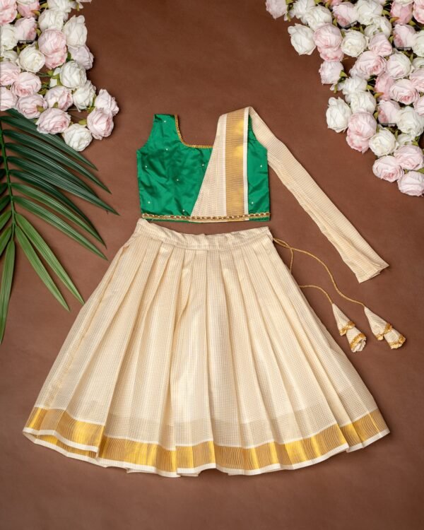 Duppatta Style Green Silk Top and Small Checked Kasavu Skirt - Minmini Onam Collections (Pre booking)