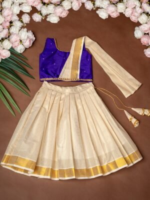 Duppatta Style Voilet Silk Top and Small Checked Kasavu Skirt - Minmini Onam Collections (Pre booking)