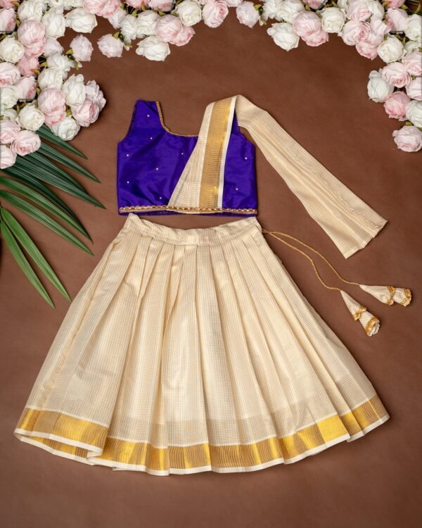 Duppatta Style Voilet Silk Top and Small Checked Kasavu Skirt - Minmini Onam Collections (Pre booking)