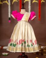 Pink Color and Traditional Lotus Motif Kasavu Frock with attached Duppatta - Minmini Onam Collections (Pre booking)