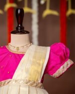 Pink Color and Traditional Lotus Motif Kasavu Frock with attached Duppatta - Minmini Onam Collections (Pre booking)