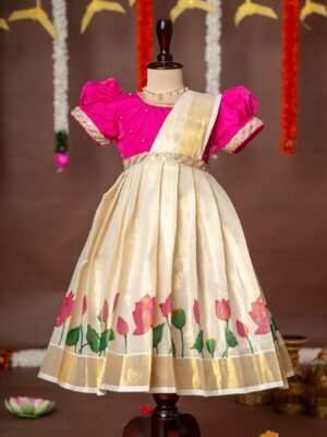 Pink Color and Traditional Lotus Motif Kasavu Frock with attached Duppatta - Minmini Onam Collections (Pre booking)