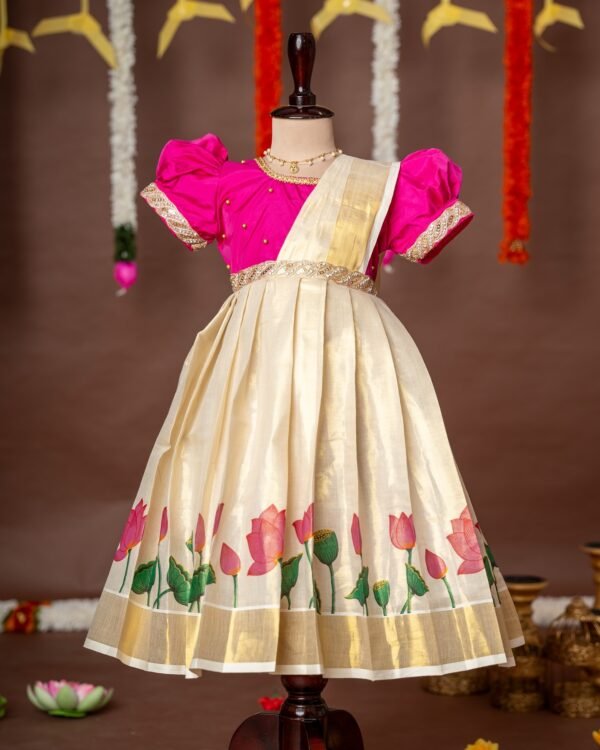 Pink Color and Traditional Lotus Motif Kasavu Frock with attached Duppatta - Minmini Onam Collections (Pre booking)