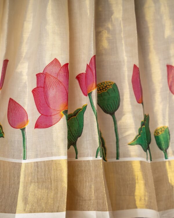 Green Color and Traditional Lotus Motif Kasavu Frock with attached Duppatta - Minmini Onam Collections (Pre booking)
