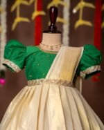 Green Color and Traditional Lotus Motif Kasavu Frock with attached Duppatta - Minmini Onam Collections (Pre booking)