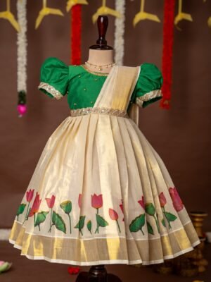 Green Color and Traditional Lotus Motif Kasavu Frock with attached Duppatta - Minmini Onam Collections (Pre booking)