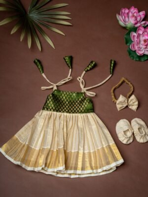Traditional Noolukettu Kerala Frock Combo Set- Mehandi Green (Pre booking)