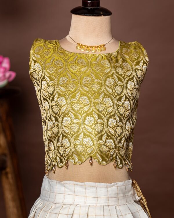 Olive Green Banarasi Scallop Design Top and Traditional Kerala Cotton Checked Design Skirt - Minmini Onam Collections (Pre booking)