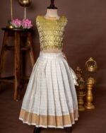 Olive Green Banarasi Scallop Design Top and Traditional Kerala Cotton Checked Design Skirt - Minmini Onam Collections (Pre booking)
