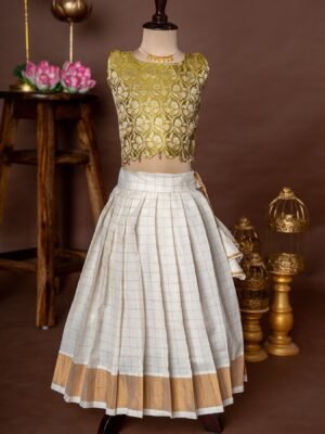 Olive Green Banarasi Scallop Design Top and Traditional Kerala Cotton Checked Design Skirt - Minmini Onam Collections (Pre booking)