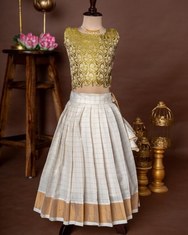 Olive Green Banarasi Scallop Design Top and Traditional Kerala Cotton Checked Design Skirt - Minmini Onam Collections (Pre booking)
