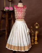 Royal Maroon Banarasi Scallop Design Top and Traditional Kerala Cotton Checked Design Skirt - Minmini Onam Collections (Pre booking)