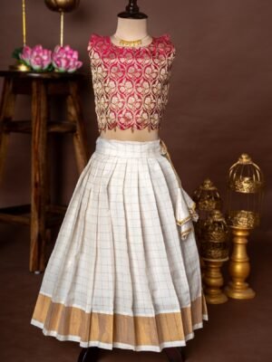Royal Maroon Banarasi Scallop Design Top and Traditional Kerala Cotton Checked Design Skirt - Minmini Onam Collections (Pre booking)