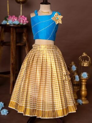 Light Blue Silk Top and Small Checked Kerala Cotton Skirt- Minmini Onam Collections (Pre booking)