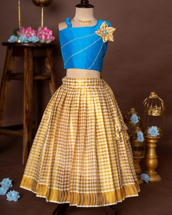 Light Blue Silk Top and Small Checked Kerala Cotton Skirt- Minmini Onam Collections (Pre booking)