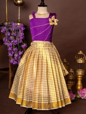 Purple Silk Top and Small Checked Kerala Cotton Skirt - Minmini Onam Collections (Pre booking)