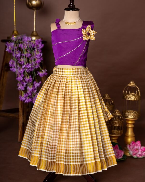 Purple Silk Top and Small Checked Kerala Cotton Skirt - Minmini Onam Collections (Pre booking)
