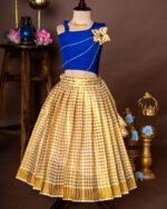 Navy Blue Silk Top and Small Checked Kerala Cotton Skirt - Minmini Onam Collections (Pre booking)