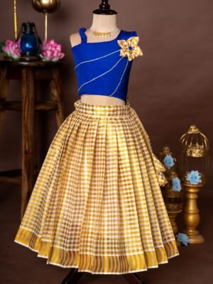 Navy Blue Silk Top and Small Checked Kerala Cotton Skirt - Minmini Onam Collections (Pre booking)