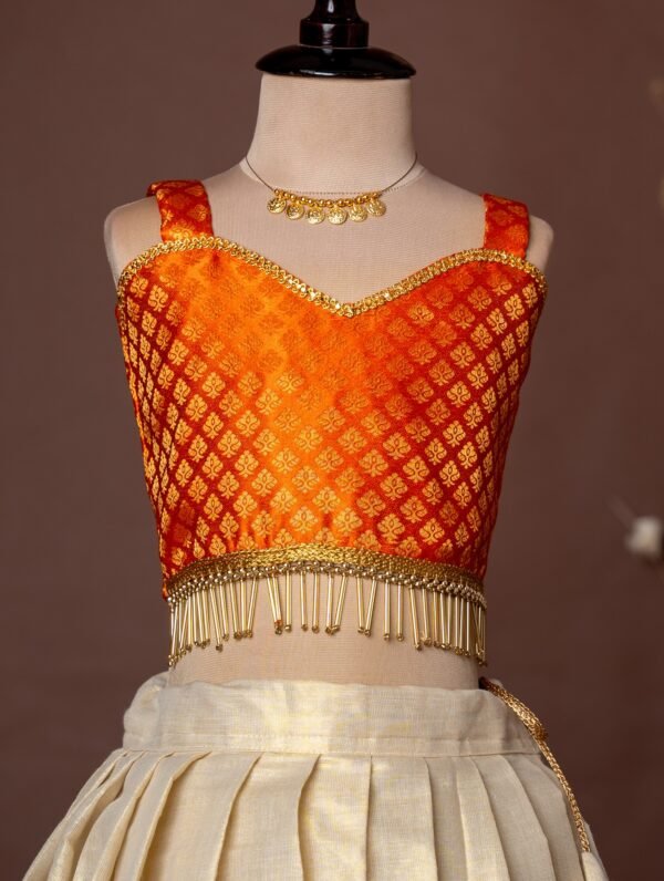 Orange Brocade Silk Top and Traditional Floral Motifs Kasavu Skirt - Minmini Onam Collections (Pre booking)