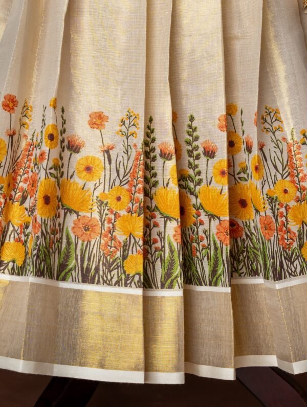 Yellow Brocade Silk Top and Traditional Floral Motifs Kasavu Skirt - Minmini Onam Collections (Pre booking)