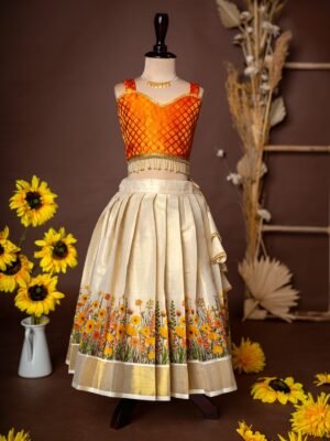 Orange Brocade Silk Top and Traditional Floral Motifs Kasavu Skirt - Minmini Onam Collections (Pre booking)