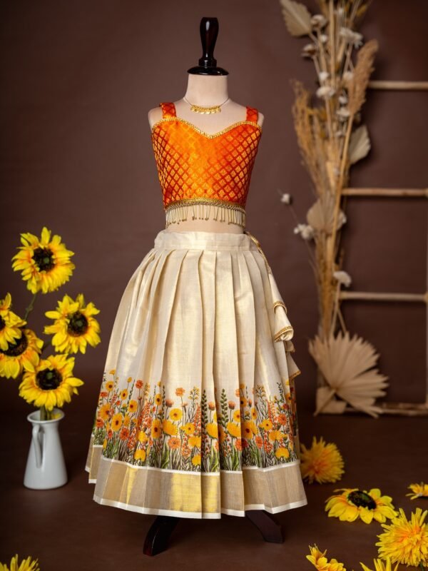 Orange Brocade Silk Top and Traditional Floral Motifs Kasavu Skirt - Minmini Onam Collections (Pre booking)