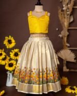 Yellow Brocade Silk Top and Traditional Floral Motifs Kasavu Skirt - Minmini Onam Collections (Pre booking)