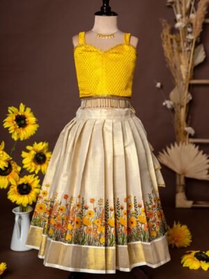 Yellow Brocade Silk Top and Traditional Floral Motifs Kasavu Skirt - Minmini Onam Collections (Pre booking)