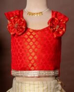 Red Brocade Silk Sleeveless Top and Traditional Golden Lines Kasavu Skirt - Minmini Onam Collections (Pre booking)