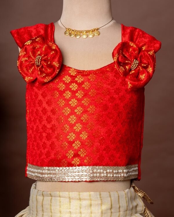 Red Brocade Silk Sleeveless Top and Traditional Golden Lines Kasavu Skirt - Minmini Onam Collections (Pre booking)