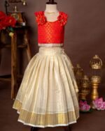 Red Brocade Silk Sleeveless Top and Traditional Golden Lines Kasavu Skirt - Minmini Onam Collections (Pre booking)
