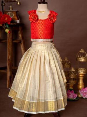 Red Brocade Silk Sleeveless Top and Traditional Golden Lines Kasavu Skirt - Minmini Onam Collections (Pre booking)