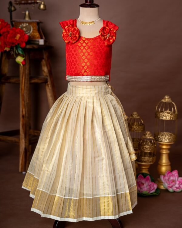 Red Brocade Silk Sleeveless Top and Traditional Golden Lines Kasavu Skirt - Minmini Onam Collections (Pre booking)