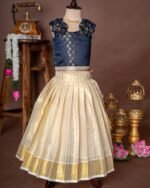 Dark Blue Brocade Silk Sleeveless Top and Traditional Golden Lines Kasavu Skirt - Minmini Onam Collections (Pre booking)