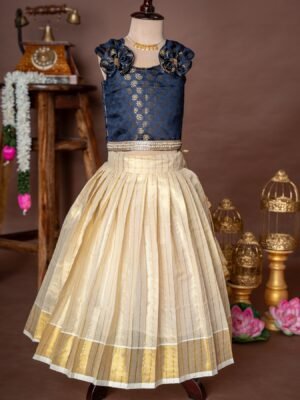 Dark Blue Brocade Silk Sleeveless Top and Traditional Golden Lines Kasavu Skirt - Minmini Onam Collections (Pre booking)
