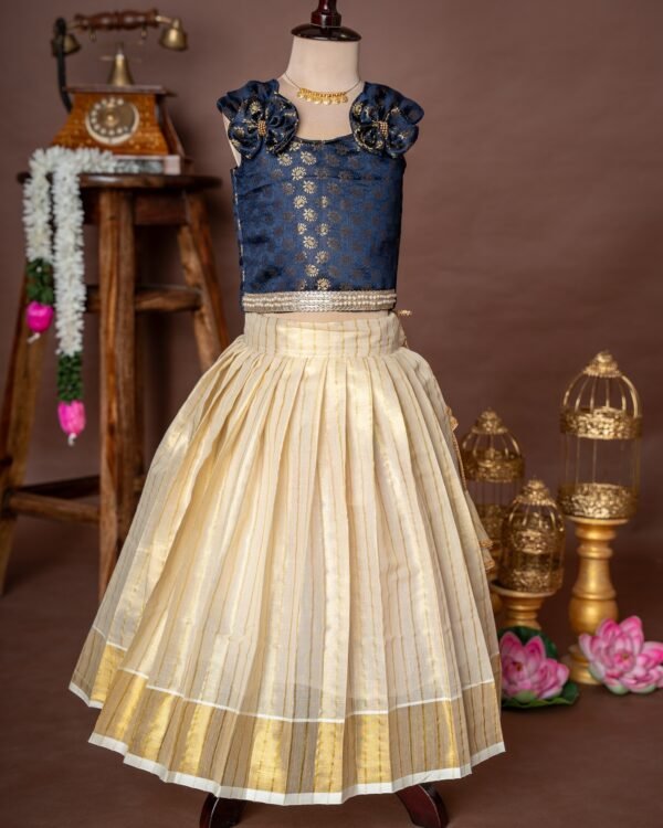 Dark Blue Brocade Silk Sleeveless Top and Traditional Golden Lines Kasavu Skirt - Minmini Onam Collections (Pre booking)